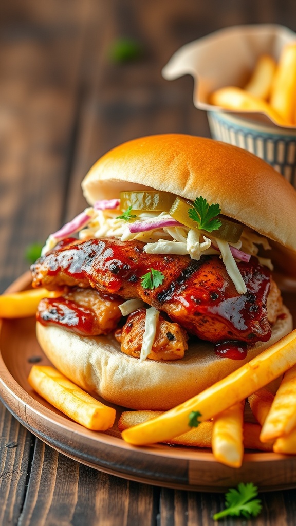 A delicious BBQ chicken sandwich with grilled chicken, coleslaw on a bun, served with pickles and fries on a wooden table.